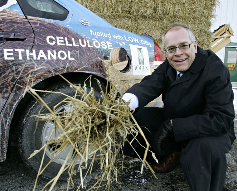 Jeff Passmoore, executive vice president of the Iogen Corporation, shows some of the raw material, straw, used to make ethanol at Iogen's plant in Ottawa, Canada.