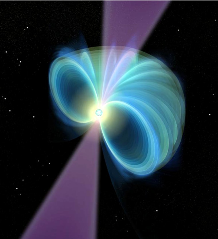 Visualization of a neutron star, showing the magnetic field lines (cut away) and the radio beam.
