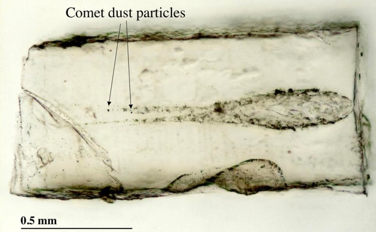 A tiny bit of aerogel contains a carrot-shaped track carved by comet dust particles, as seen in this cross-section. The particles themselves are at the very tips of the "carrot."