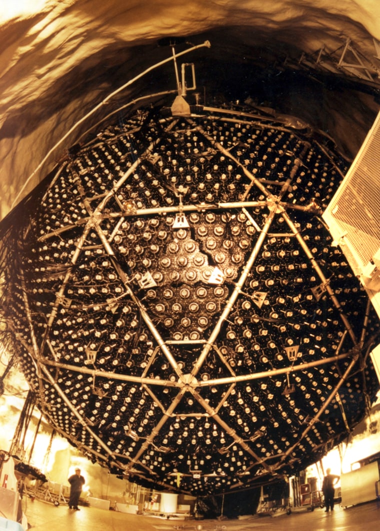 The Sudbury Neutrino Observatory (SNO) in Canada built two kilometers below ground, housing an acrylic sphere containing 1,000 tons of heavy water.

Credit: DOX Productions for NOVA