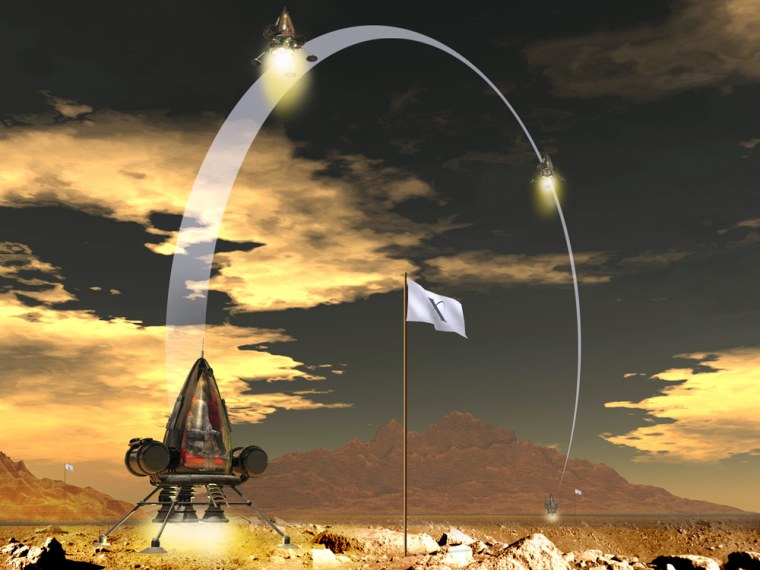 This artwork illustrates the concept for the Lunar Lander Challenge. The craft would fly to a designated spot 100 meters away, then return to the starting point.