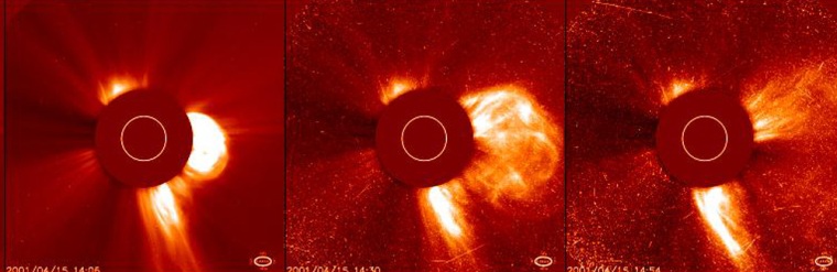 A series of images captured by the LASCO instrument on the Solar and Heliospheric Observatory shows the solar flare of April 15, 2001, which affected Earth's as well as Mars' atmosphere.