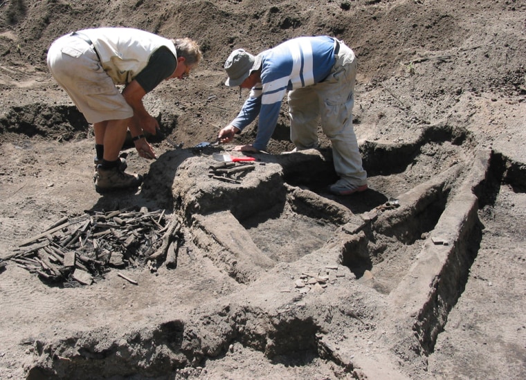 This August 2004 photo shows Haraldur Sigurdsson, a volcanologist at the University of Rhode Island, left, and Igan Sutawidjaja of the directorate of volcanology in Indonesia, as they work at an excavation site north of the crater at Mount Tambora in Indonesia.