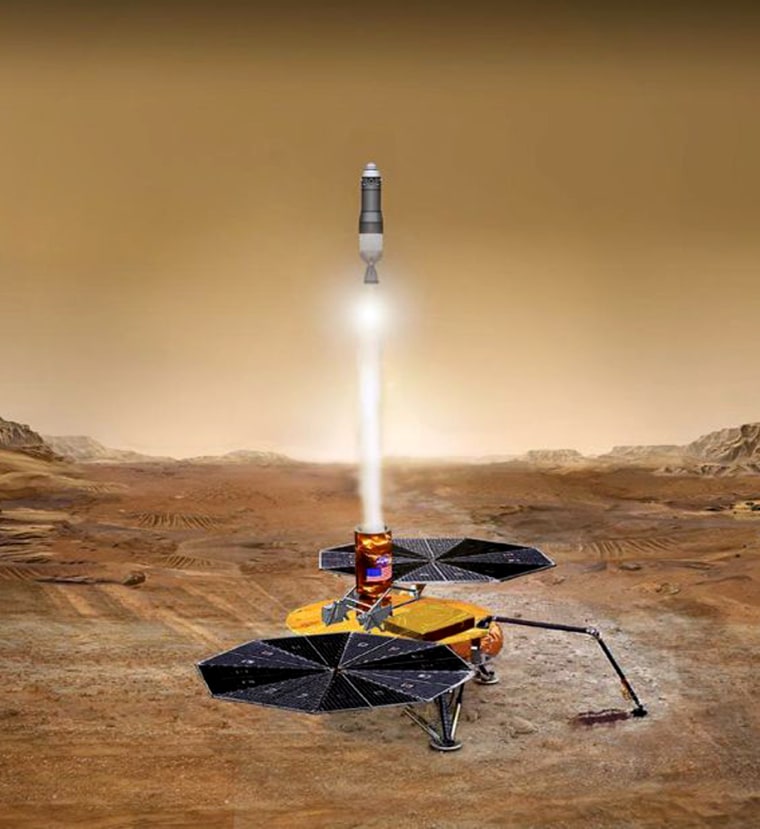 An artist's rendering shows the liftoff of a sample return rocket from the Martian surface.