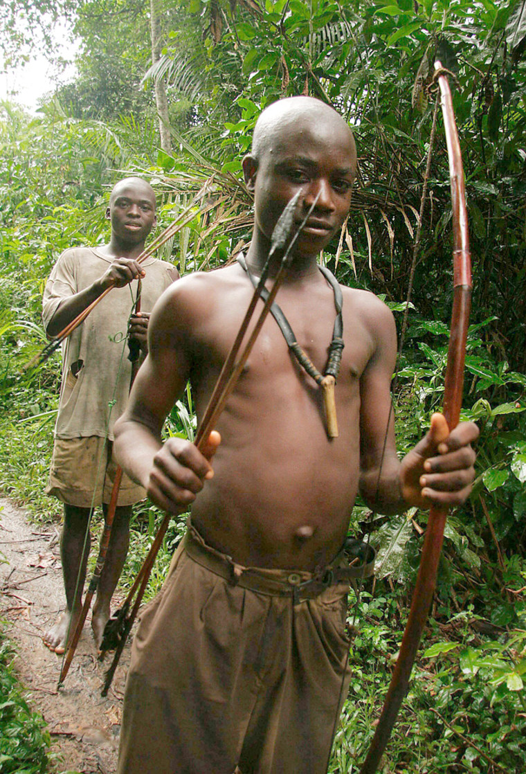 Pygmy boys armed with bows and arrows hunt for antelope and wild boar near the village of Nzali-Kenga, Democratic Republic of Congo, Thursday, Feb. 11, 2006.  Pygmy chief Mbomba Bokenu says he may soon let loggers cut his people's forests, and all he expects in return are soap and a few bags of salt. The Pygmies, though, should expect, and demand, much more under proposed rules meant to ensure forest communities benefit from the wealth all around them. But there's reason to question whether poor, illiterate Pygmies, product of years of government neglect and discrimination by ethnic Bantus, will be able to use the law to help themselves. (AP Photo/Anjan Sundaram)