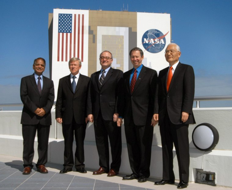 Five representatives of space agencies meet Thursday at Kennedy Space Center: from left, Canadian Space Agency Vice President Virendra Jha; Russian Federal Space Agency chief Anatoly Perminov; European Space Agency Director-General Jean-Jacques Dordain; NASA Administrator Michael Griffin; and Japan Aerospace Exploration Agency President Keiji Tachikawa.
