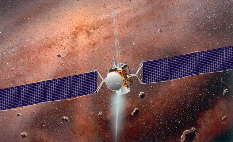 An artist's conception shows the Dawn probe in the solar system's asteroid belt. NASA put the mission on hold months ago and has now canceled it.