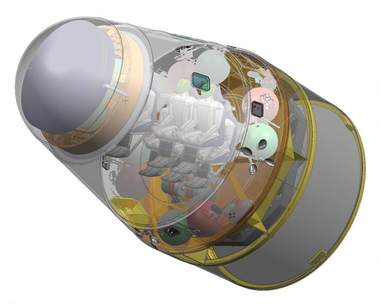 An artist's rendering shows a semitransparent view of SpaceX's Dragon reusable space capsule.