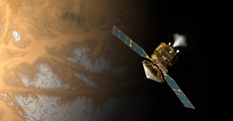 NASA's Mars Reconnaissance Orbiter makes its crucial engine burn in this artist's conception. An earlier probe, Mars Climate Orbiter, was lost in 1999 during the mission's orbit insertion phase.