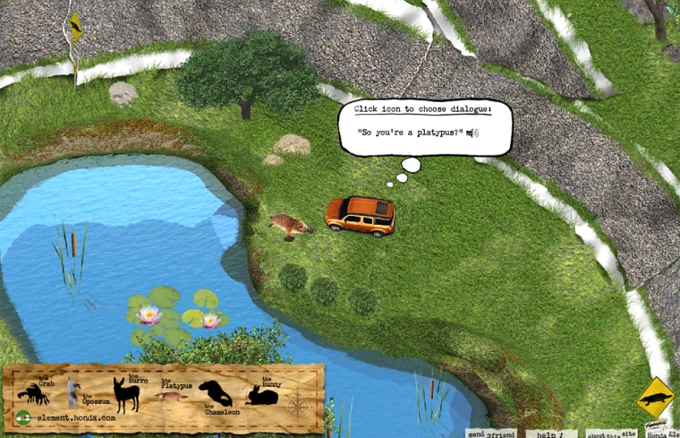 A Honda Element chats with a platypus in an online game devised to market the vehicle.