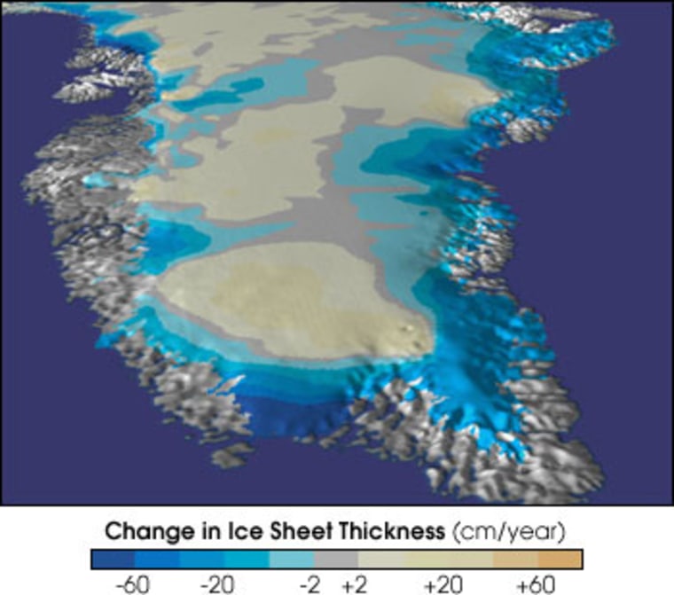 Satellite data used in a new survey of ice sheets have led to maps like this one showing areas in Greenland where the ice has thickened in the center while thinning along the edges.