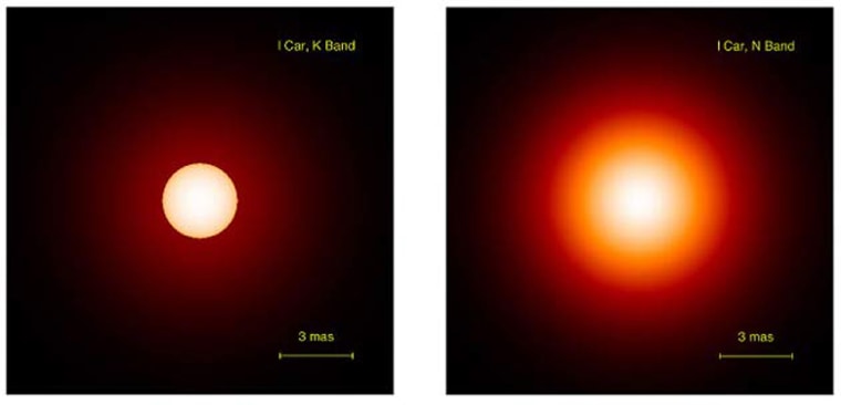 Two model images of the Cepheid star L Carinae as deduced from the interferometric observations: in the near-infrared from VINCI measurements (left) and in the mid-infrared from MIDI (right).