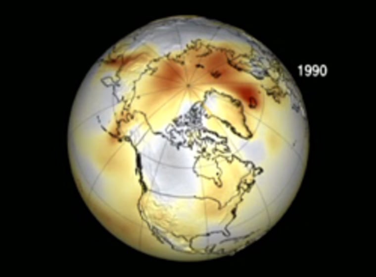 This illustration by NASA shows anamolies in temperatures in 1990. Normal temperatures are in gray, while brownish red reflects areas, especially the Arctic, with the most warming. 
