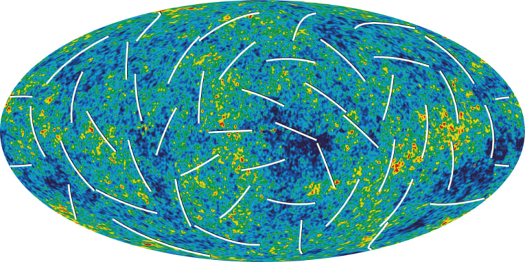 The Wilkinson Microwave Anisotropy Probe has produced a more detailed picture of the infant universe. Colors indicate "warmer" (red) and "cooler" (blue) spots. White bars show the "polarization" direction of the oldest light. This information helps pinpoint when the first stars formed and provides clues about what happened in the universe's first trillionth of a second.