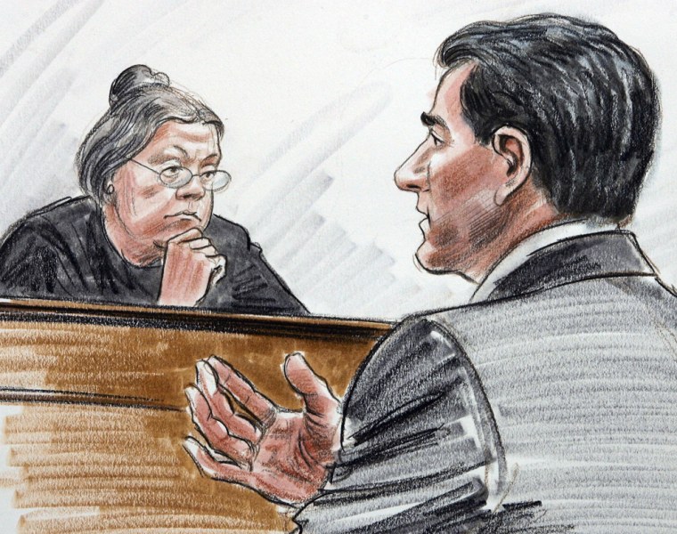 This courtroom drawing shows Judge Leoni