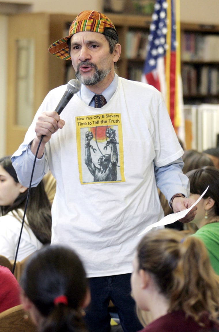 Alan Singer, a professor at Hofstra University, speaks about New York's role in the American slavery system at Oyster Bay High School in Oyster Bay, N.Y., on March 1.