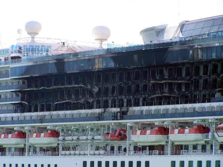 The blackened outside of the Star Princess shows that the fire covered several floors of the cruise ship.
