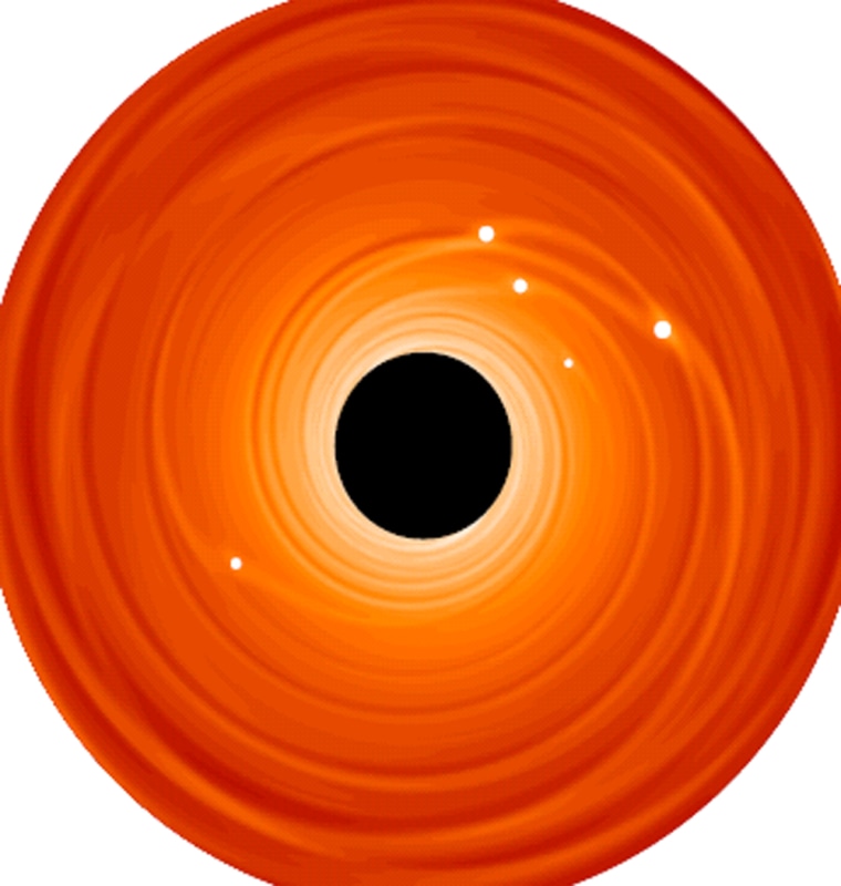 White protoplanets spiral toward a star in a gaseous disk in this simulation. Gravitational interactions between the objects are not enough to prevent them from falling into the star, leaving astronomers to further ponder how gas giants form.