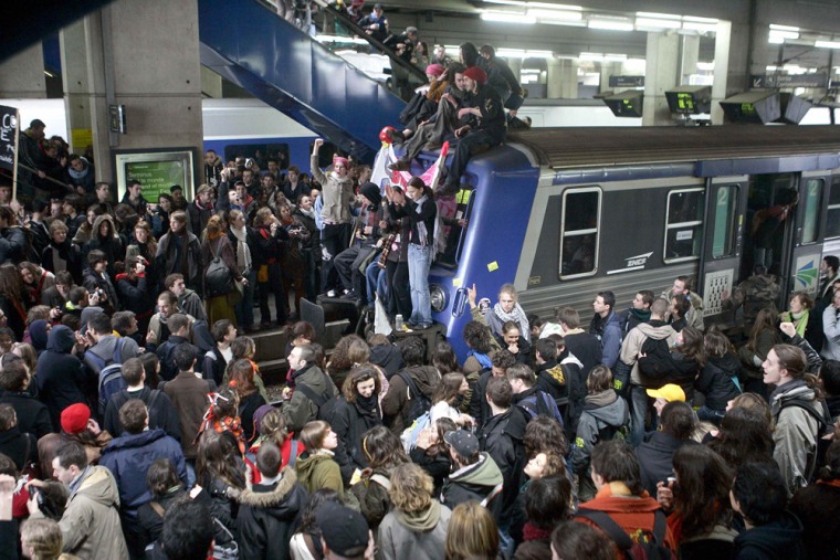 French students occupy a train station during anti-CPE demonstration in Rennes