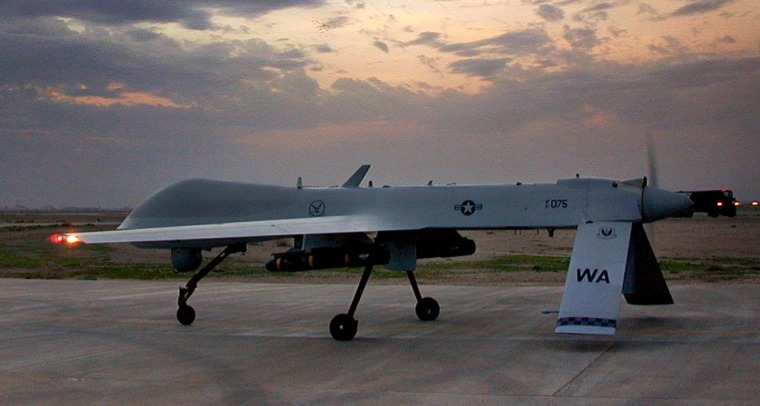 An unmanned U.S. Air Force reconnaissance plane, Predator, leaves for a  sortie from  Balad Air Base,  80 kilometers (50 miles) north of Baghdad, Iraq, Feb. 27, 2006. In Iraq's dirty war, the U.S. Air Force's \"shock and awe\" is giving way to eye in the sky. American warplanes are leaving their bombs sitting in their racks more often, and turning targeting  eyes into the reconnaissance tools instead.( AP Photo/Charles J. Hanley )