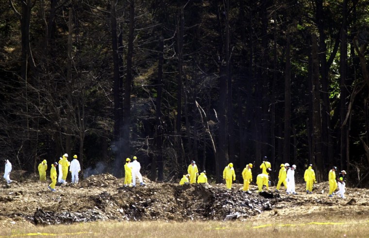 A LARGE GROUP OF INVESTIGATORS COMB THE UNITED AIRLINES FLIGHT 93 DEBRIS FIELD