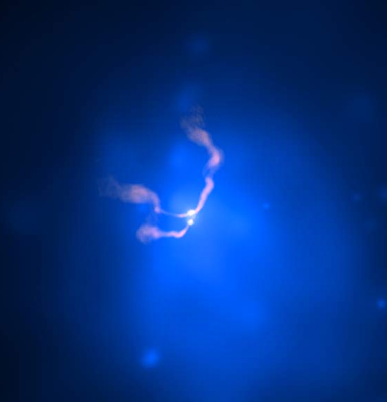 This composite X-ray/radio image of the galaxy cluster Abell 400 shows jets of superheated gas emanating from the vicinity of two supermassive black holes (bright spots in the image). 