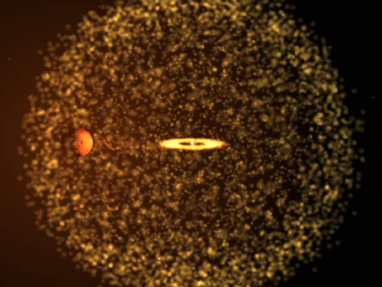 This illustration shows the binary system as it might appear if we could view it from nearby. It shows the red giant (left) and the white dwarf (center) with a ring of accreting material around it, just after the exploded gases have passed the red giant. 