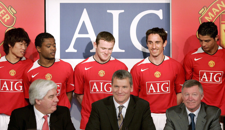 Manchester United players model the clubs new shirt at Old Trafford in Manchester