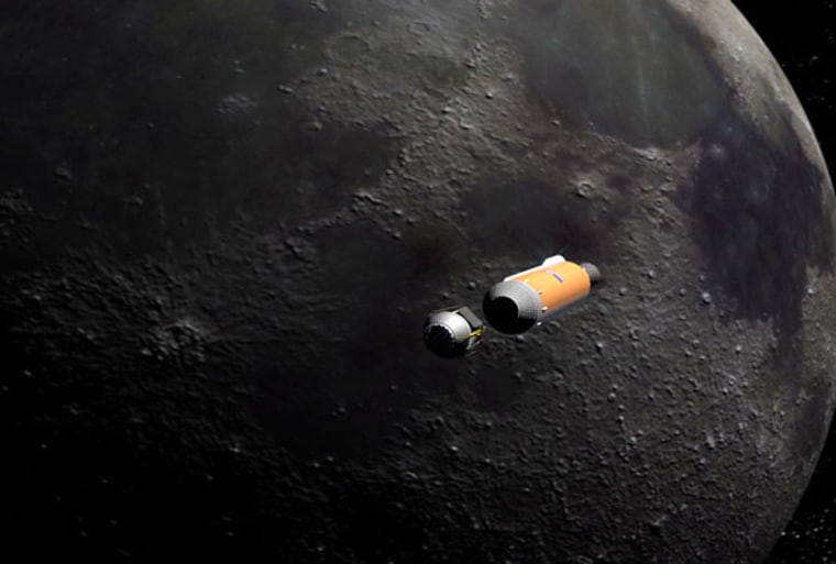 In this artist's concept, the upper stage (right) and a "shepherding spacecraft" (left) approach the moon before impacting at the south pole. 