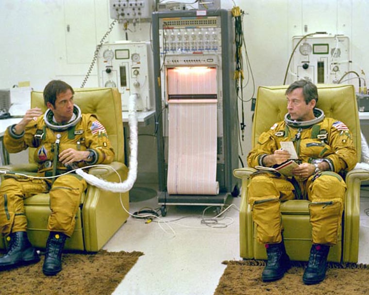 “We had about 23 guys in the astronaut office and they would have all killed to be on that first flight," recalled John Young, seen here at right with fellow astronaut Robert Crippen during preparations for a final countdown rehearsal before the first space shuttle launch in 1981.