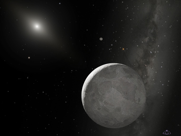 This is an artist's concept of Kuiper Belt object 2003 UB313 (nicknamed "Xena") and its satellite "Gabrielle.