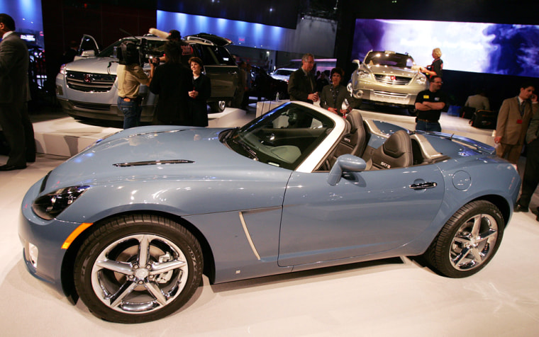A Saturn 2007 Sky Red Line performance roadster sits unveiled at the New York International Automobile Show in New York