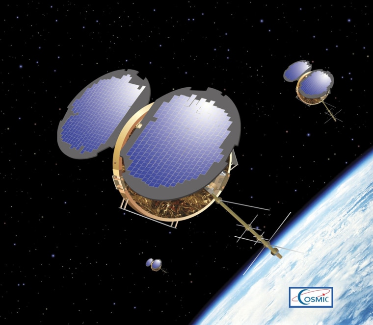 Six microsatellites, shown in this artist's conception, have been put into low-Earth orbit to form COSMIC: the Constellation Observing System for Meteorology, Ionosphere and Climate.