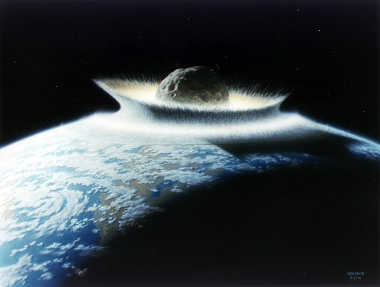 An artist's conception shows a giant meteorite slamming into Earth during an earlier era of the planet's existence.