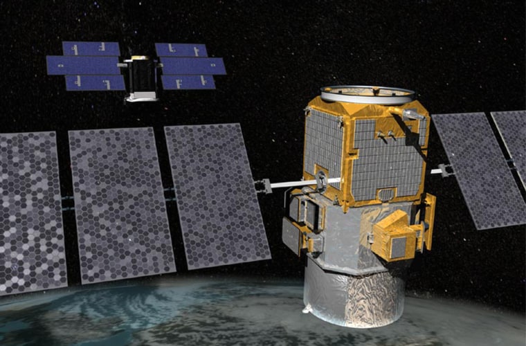 An artist's conception shows CloudSat and CALIPSO orbiting Earth. CloudSat's cloud-profiling radar is more than 1,000 times more sensitive than typical weather radar, while CALIPSO has a laser detector that can distinguish between aerosol and cloud particles.