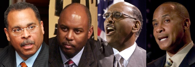 From left to right, four prominent African-American candidates running on the Republican ticket: Ken Blackwell, who is running for governor in Ohio; Keith Butler, a Senate candidate in Michigan; Michael Steele, a Senate candidate in Maryland; and Lynn Swann, running to become Pennsylvania's governor.