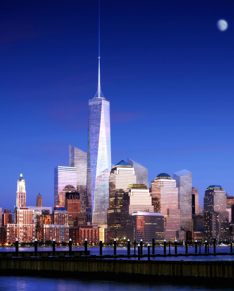 The redesigned Freedom Tower by architect Skidmore, Owings & Merrill LLP rises above the lower Manhattan skyline in a computer generated rendering.