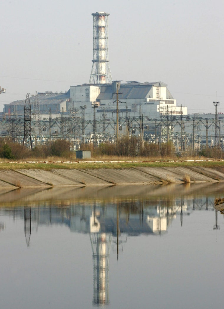 General view of the 'sarcophagus' covering the damaged fourth reactor of the Chernobyl nuclear power plant