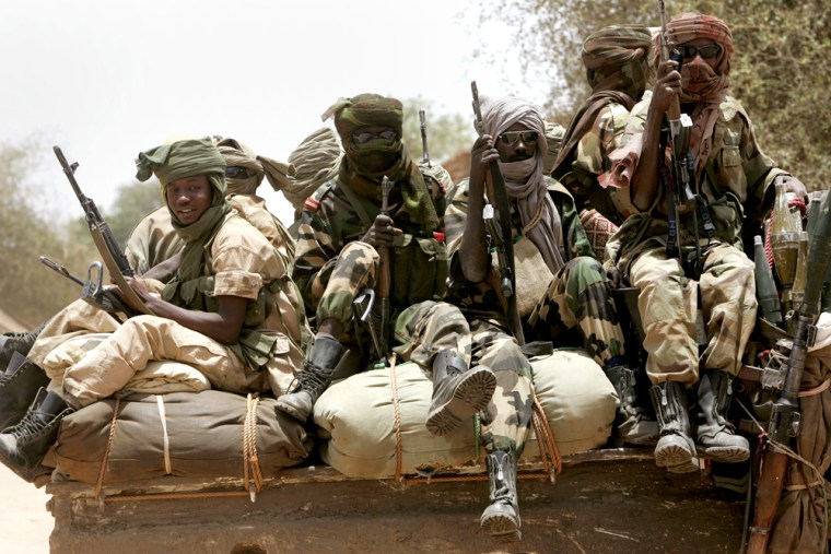 Chadian soldiers patrol the Koukou Angarana refugee camp on April 19.