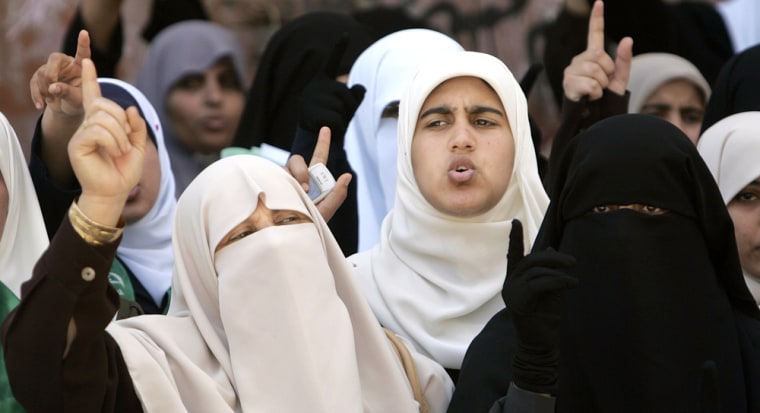 Palestinian women supporters attend Hamas rally at Jabalya refugee camp in northern Gaza strip