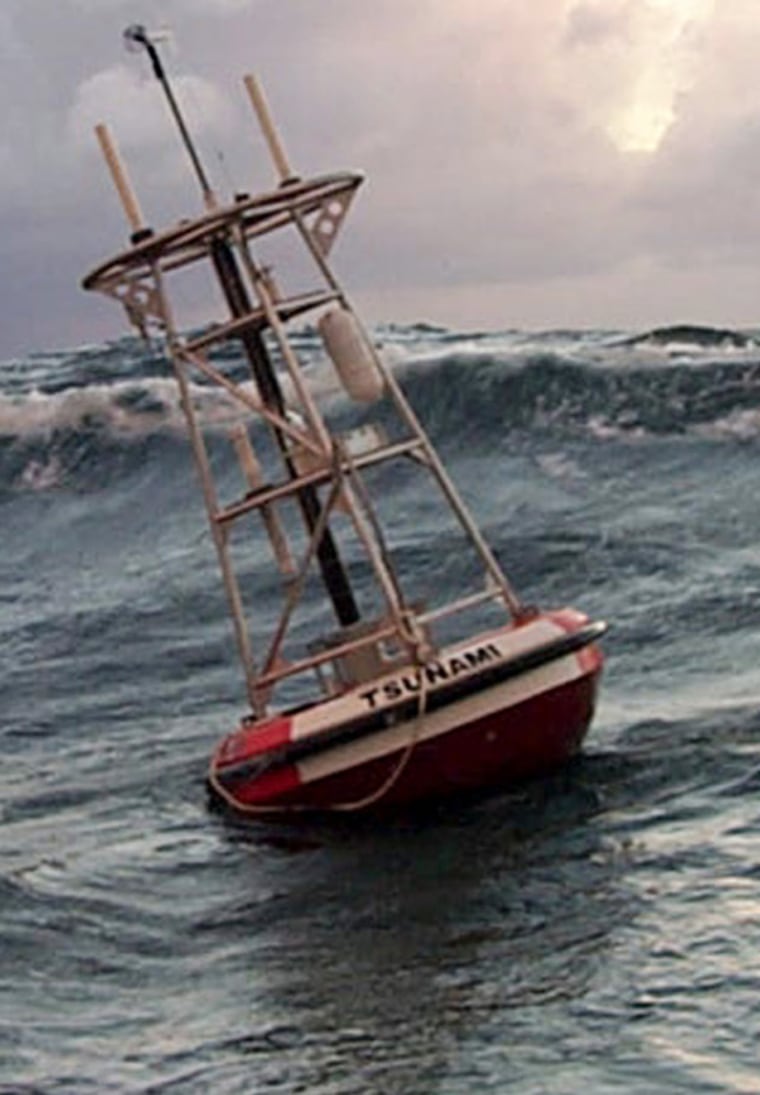 A buoy for Deep-ocean Assessment and Reporting of Tsunamis, or DART, bobs in the Pacific Ocean after deployment from the ship Ronald H. Brown in 1999.