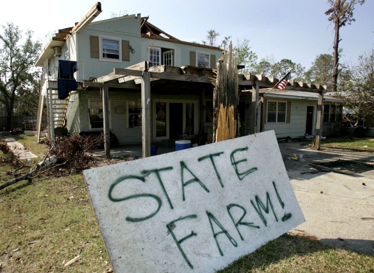 A Hurricane Katrina victim leaves no doubt that he would like a visit by the State Farm insurance adjuster in Gulfport, Miss., last year. “The industry has managed the massive losses of the 2005 hurricane season and is enjoying the profits and healthy balance sheets that have resulted from a continued hard market,” said Standard & Poor’s analyst Simon Marshall.