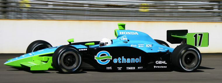 Team Ethanol driver Jeff Simmons practices at the Indianapolis Motor Speedway. This year, Indy 500 racers will drive cars that run on an ethanol-blended fuel.