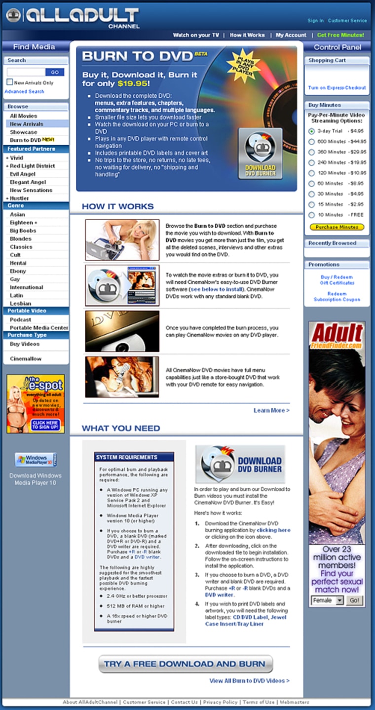 This undated still image of an adult Web page released by AllAdultChannel.com, shows the details of how a consumer could buy an adult movie online from AllAdultChannel.com and burn it onto a DVD. Starting Monday, May 15, Vivid Entertainment will sell its adult films through the online movie service CinemaNow.