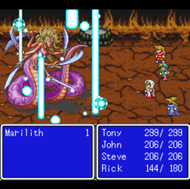 Heroes battle an enemy in this screenshot of Final Fantasy for mobile phones.