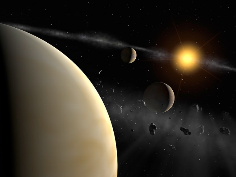 An artist's conception shows the three Neptune-scale planets thought to circle the sunlike star HD 69830. The outermost planet may have conditions capable of sustaining life, scientists say.