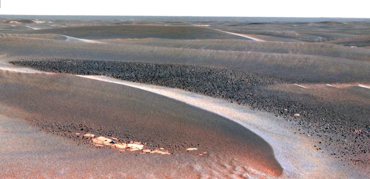 This picture of Meridiani Planum's wind-swept Martian sands, taken by NASA's Opportunity rover, shows a field of cobblestones nestled among 8-inch-high ripples. The colors have been "stretched" to enhance contrast and detail.