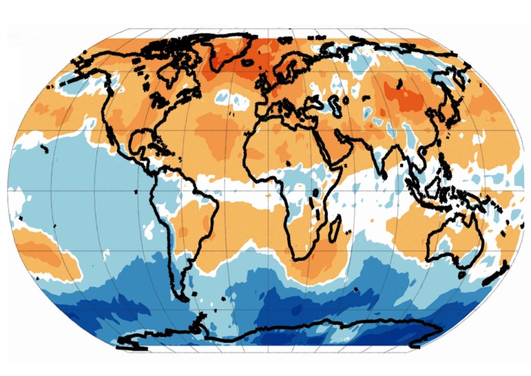 This map of the Earth shows areas of particularly strong warming of the lower atmosphere in yellow, orange and reddish colors. Note the enhanced warming of midlatitude regions north and south of the equator, indicating the expansion of the tropics. The map also shows pronounced warming at Arctic latitudes.