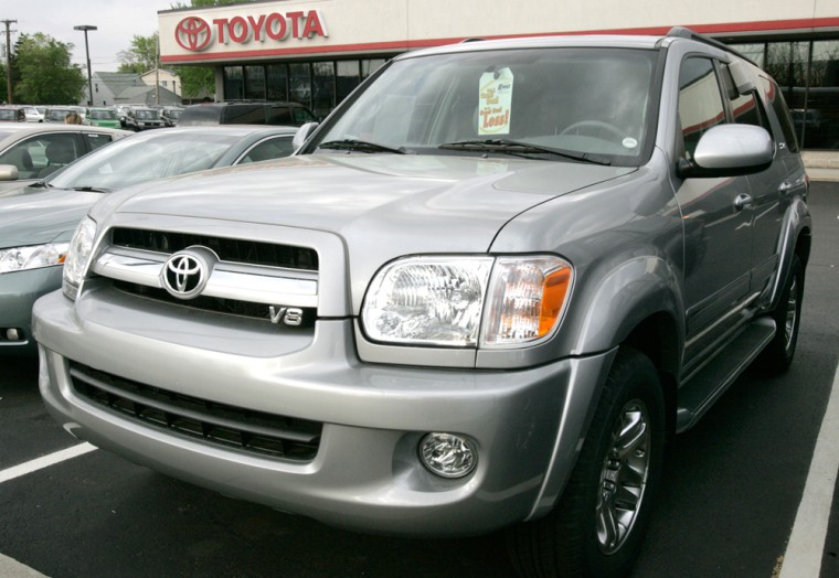 A Toyota Sequoia is shown on a dealership lot in Center Line, Mich. last month. Toyota and Honda both posted strong U.S. sales in May, but the Big Three automakers were stung by rising fuel costs.