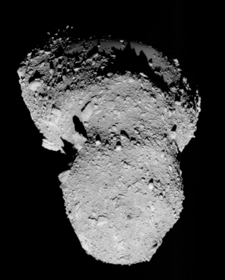This view from the Hayabusa probe shows the asteroid Itokawa as seen from the direction of its longest axis. 